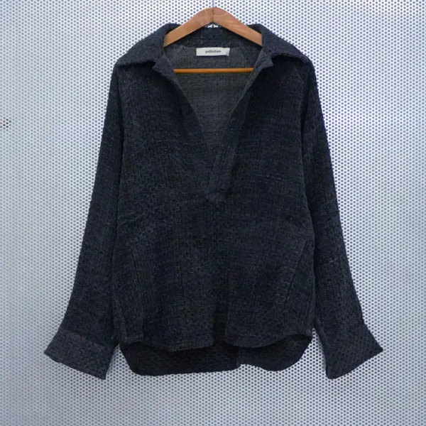 Hemp and Cotton Jacquard Polo Shirt / Check Pattern / charcoal black
