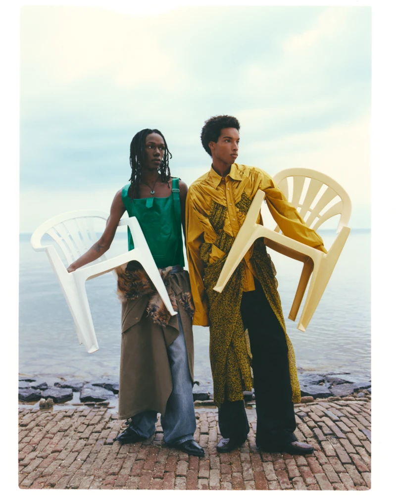 Left, top and Skirt Byeongho Lee, denim GmbH, shoes Prada_ shirt Mipinta, pants Byeongho Lee, shoes Camper. Photography Jaap Strijker, styling Veronica Ruggeri