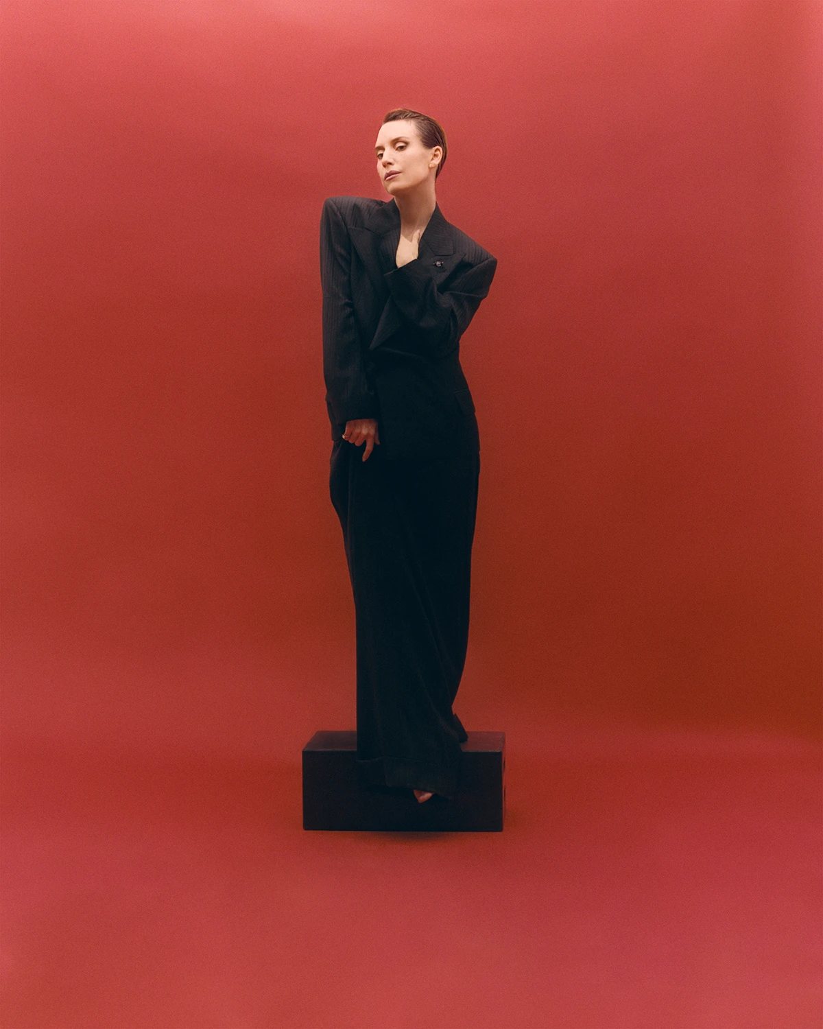 Lykke Li wearing full look Emporio Armani FW24 mens collection, shot by Kobe Wagstaff, styling Tamia Mathis