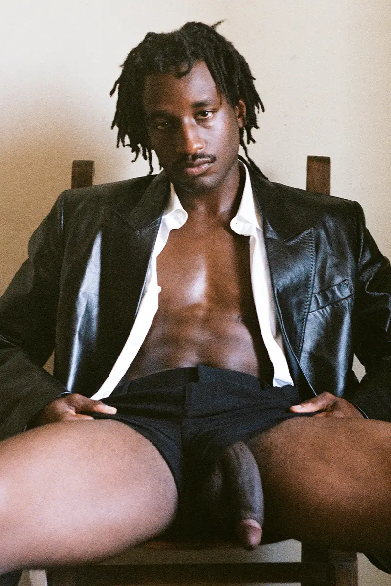 Marbs wearing leather blazer, shirt and shorts Valentino.Photography Gianmarco Onofri, styling Christian Stemmler
