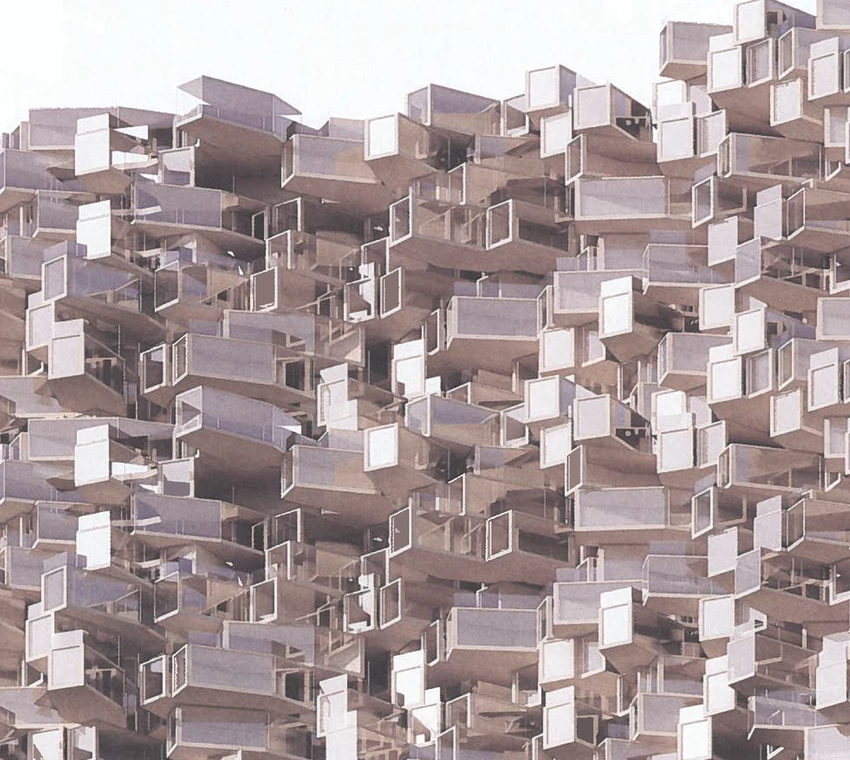 ND Architecture RMIT Studio, 2021 – Rendering di Devika Panicker e Jiahao Luo: una maglia di balconi‐modulo sovrapposti esplora nuovi schemi abitativi flessibili e ad alta densità