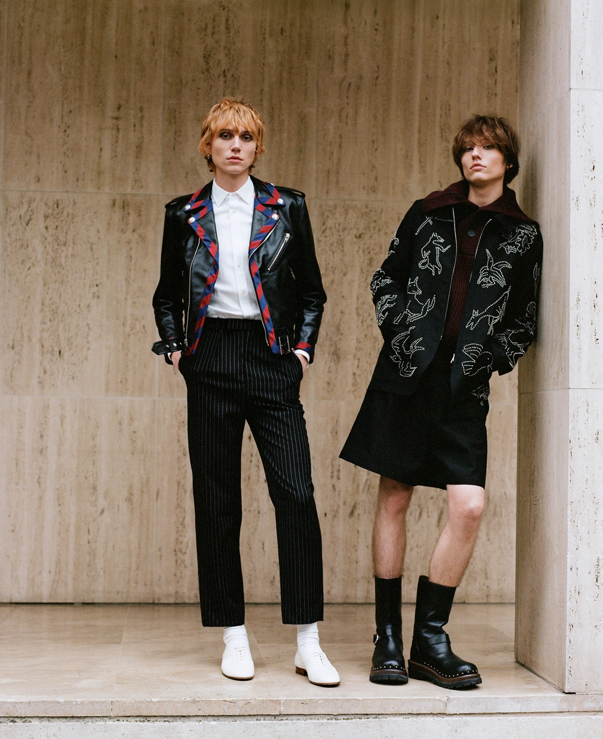 Ruben wears jacket, shirt, pants and shoes Celine Homme by Hedi Slimane, socks Falke. Matthijs wears jacket, short and shoes Dior, jumper Alexander Mcqueen. Photography Laura Friedli, stylist Audrey Le Pladec