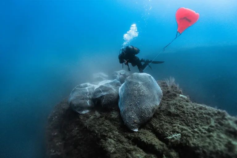 Raccolta delle reti portate in superficie tramite galleggianti