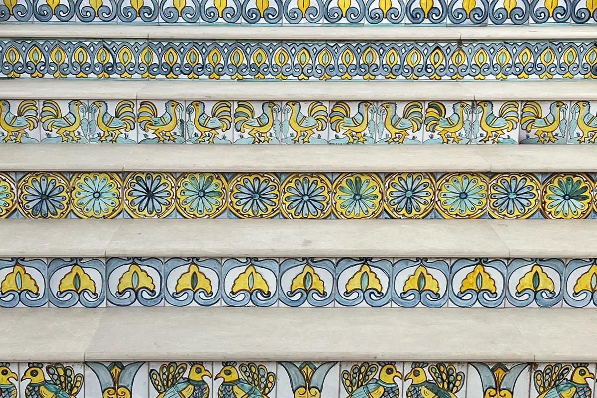 Stairs with Sicilian decorations, Hotel Le Calette, Cefalù