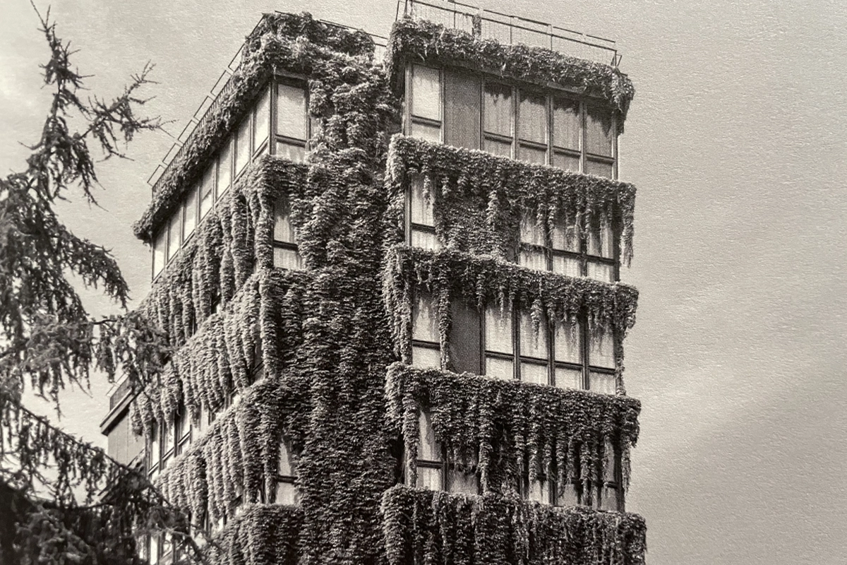 The Quadronno Street building, in a drawing of the time, covered with ivy - design by Bruno Morassutti and Angelo Mangiarotti