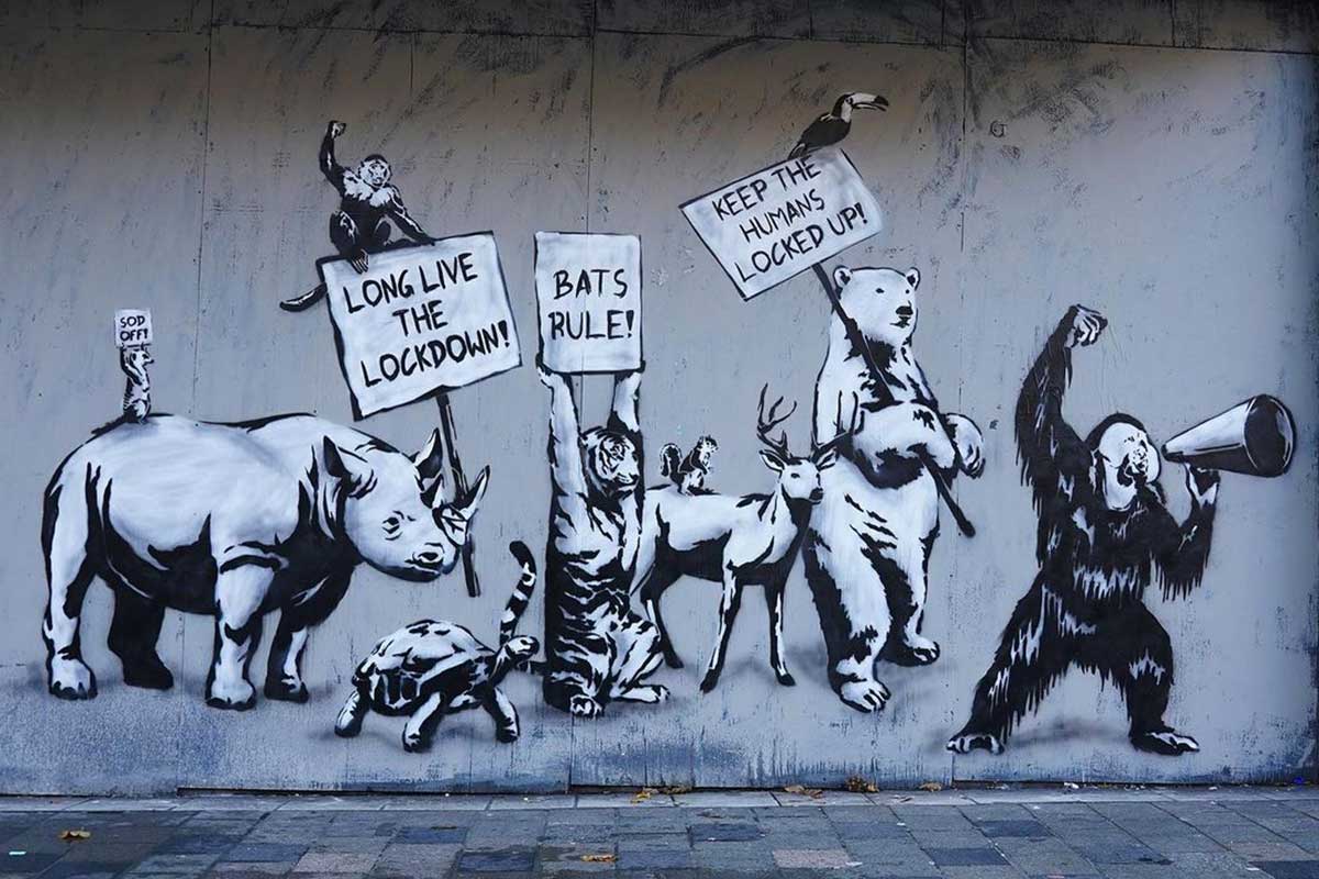 Murales by the street artist The Rebel Bear in Glasgow, United Kingdom: animals attending the protest for COP26, image street art utopia