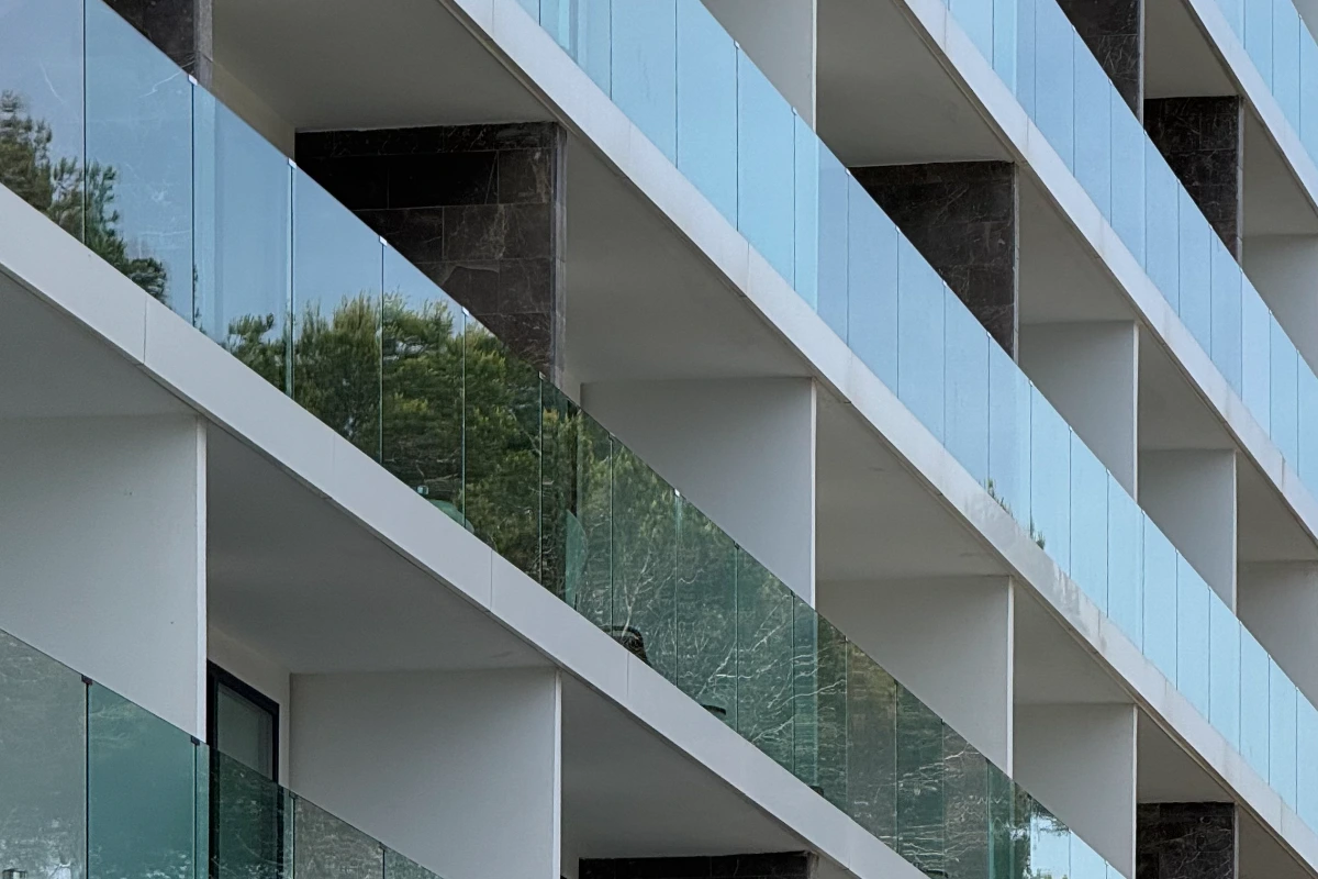 Balconies of the hotel’s white façade in repetition