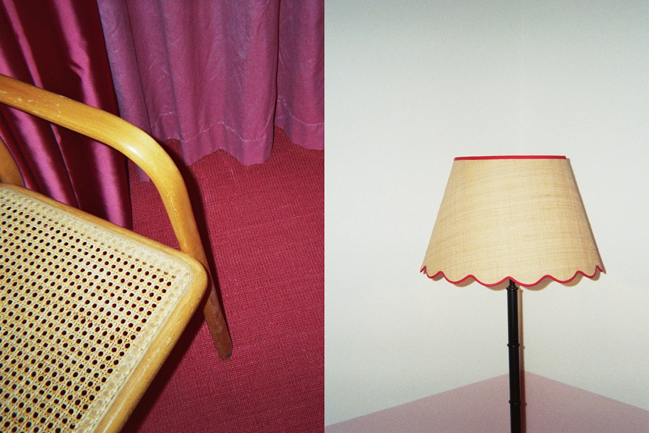 Wooden Chair and lamp with red highlights