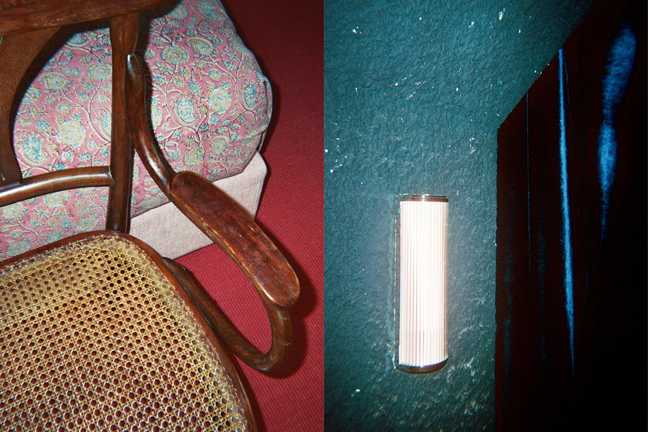 Blue wall with led light and pink linen bed