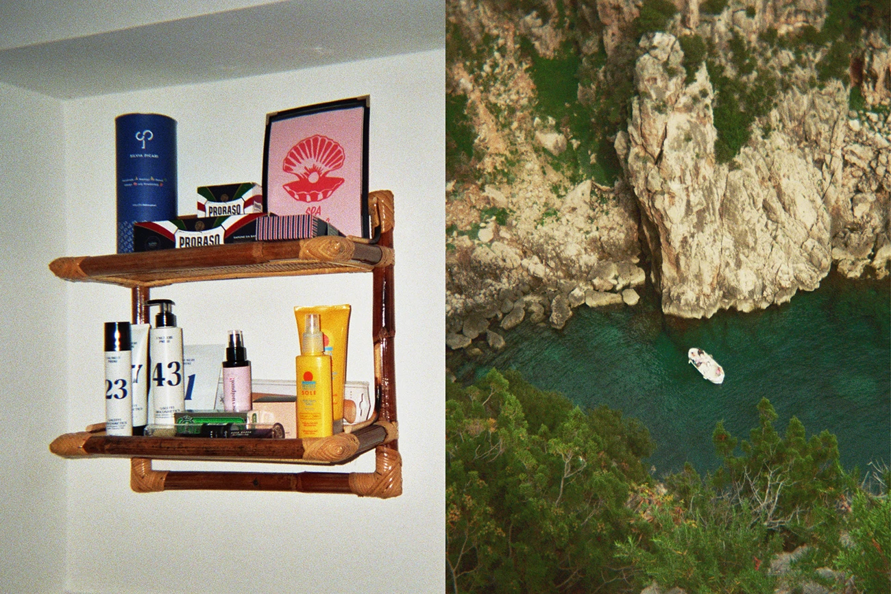 A Room Spa with sunscreen, shaving cream and wooden dildo