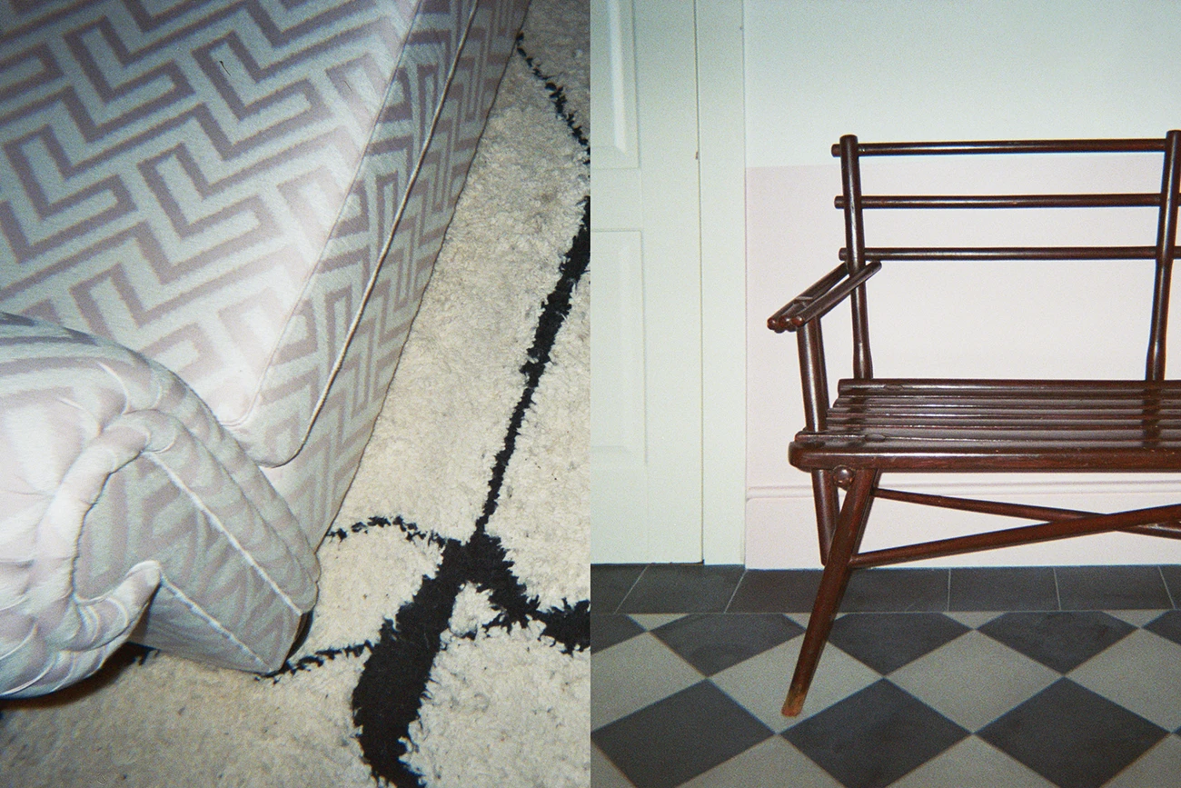 Design Elements, Pink Sofa and wooden brown chair