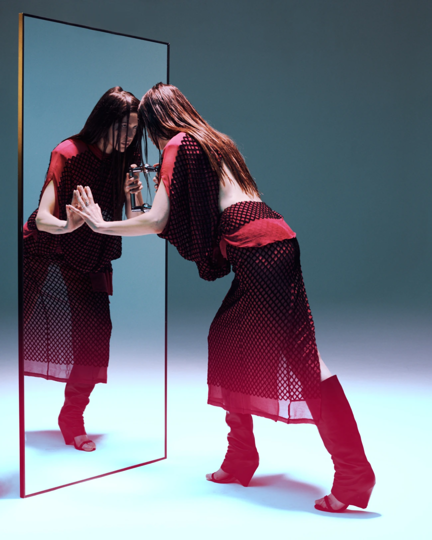 Marie Davidson wearing dress Diotima, archive shoes Maison Margiela stylist’s own. Photography Geoffrey Leung, stylist Hind Matar