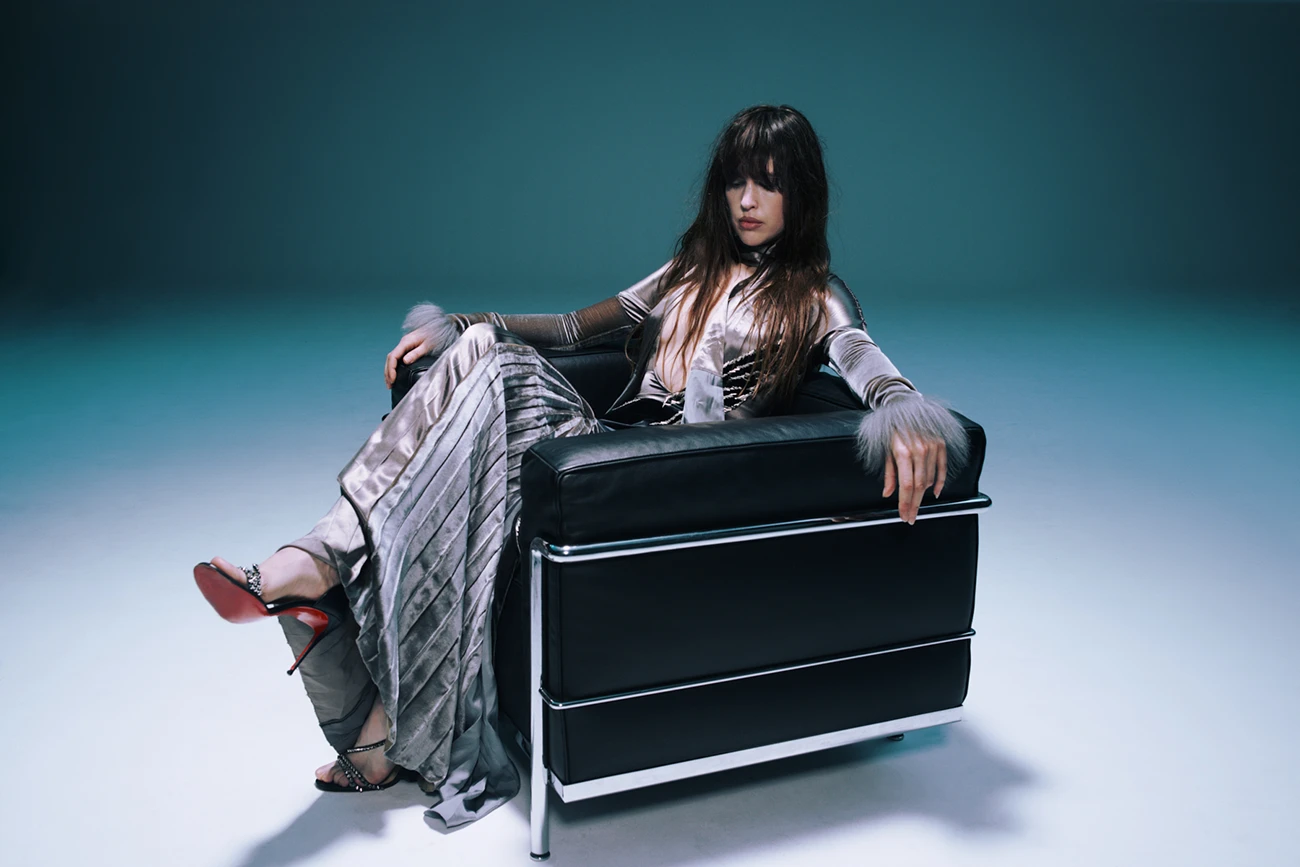 Marie Davidson wears dress Marni, shoes stylist's own. Photography Geoffrey Leung, stylist Hind Matar