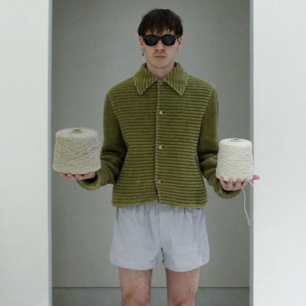Velvet chenille corduroy hemp bomber jacket. Hemp and cotton fabric in a mud green color, with chenille knitted details