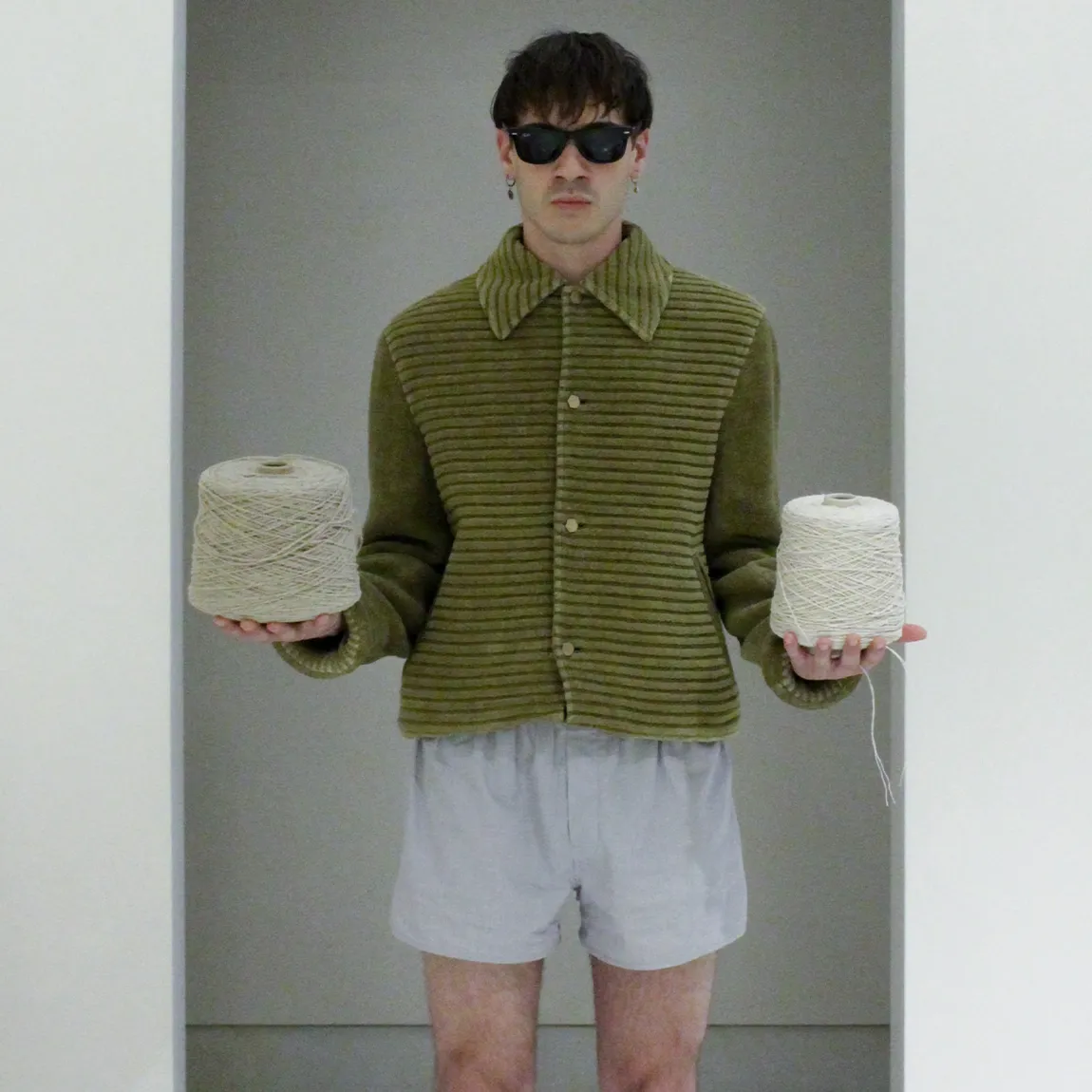 Velvet chenille corduroy hemp bomber jacket. Hemp and cotton fabric in a mud green color, with chenille knitted details