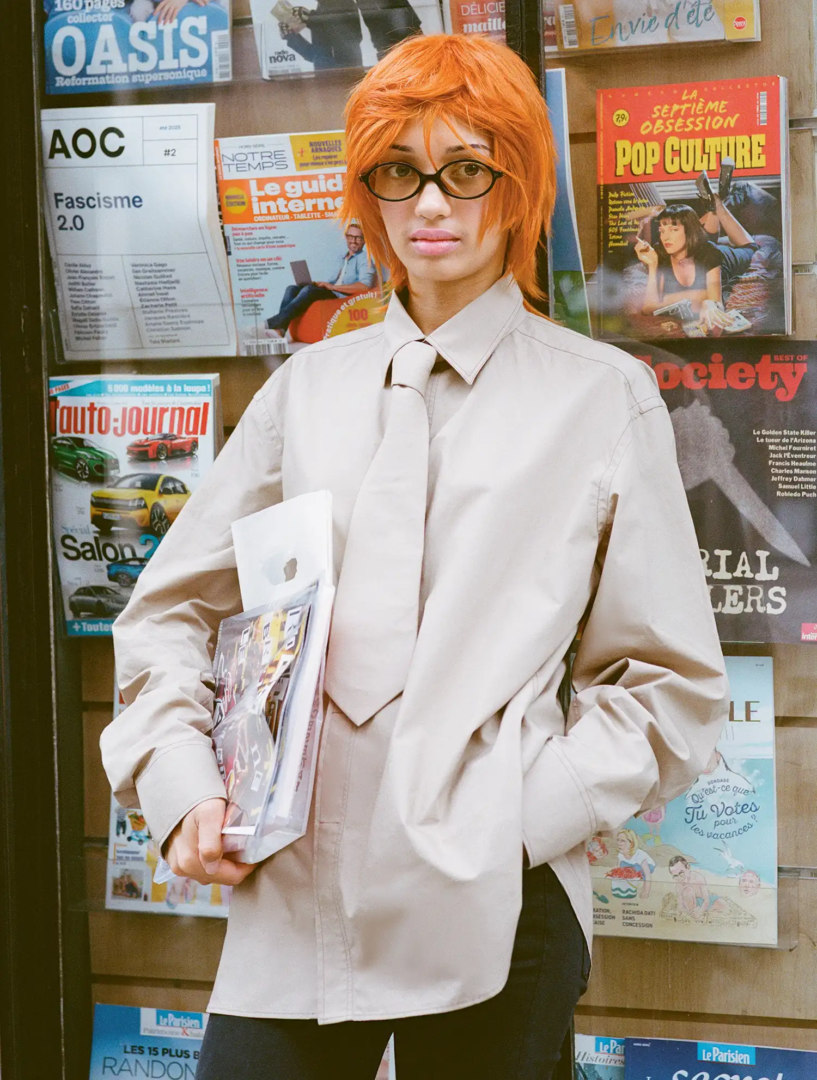 shirt and tie Paul Smith, glasses Miu Miu and vintage pants talent's own