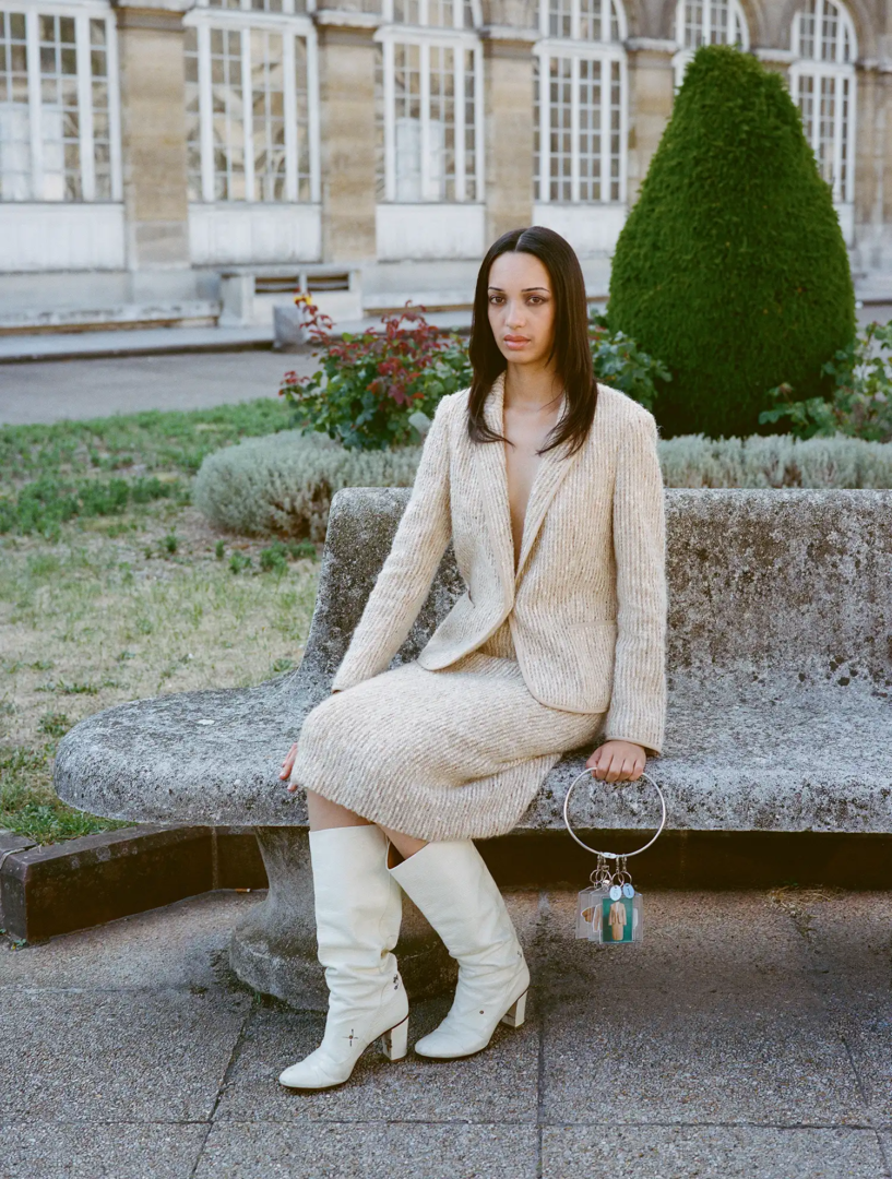 jacket and skirt Drouot talent's own, shoes Maison Margiela stylist's own, belt costumized by the talent