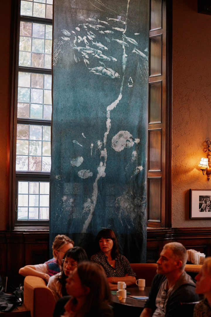 Monica Ursina Jäger in collaboration with researchers from the Bjerknes Centre for Climate
Research Bergen Norway, The Unseen – Fjord  Conversations, 2025, installation view at Amundsen Bar as part of across, with, nearby, Bergen Assembly 2025. Photo: Abrakadabra