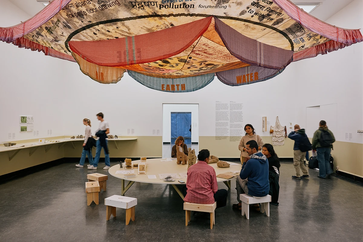Sanchayan Ghosh’s shamiana in AgriForum’s Acts of Re/Collection at Bergen Kunsthall as part of across, with, nearby, Bergen Assembly 2025, exhibition view. Photo: Akrakadabra