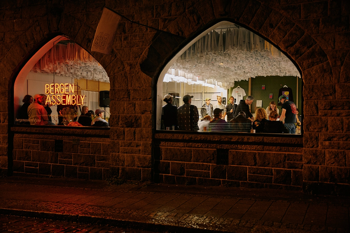 A gathering in the Bergen Assembly office in the heart of the city. Bergen Assembly Open Office, outdoor view. Photo: Abrakadabra