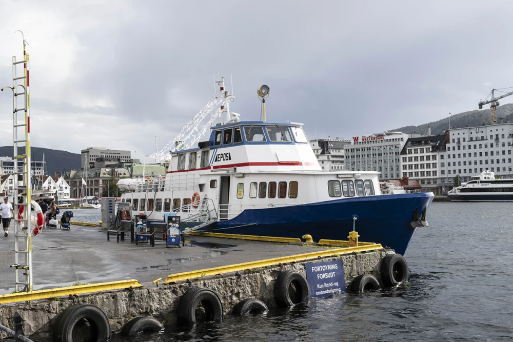 The Literature Boat Epos with Elsebet Rahlff’s work all we are saying..., 2025, on the aft deck as part of across, with, nearby, Bergen Assembly 2025. Photo: Thor Brødreskift