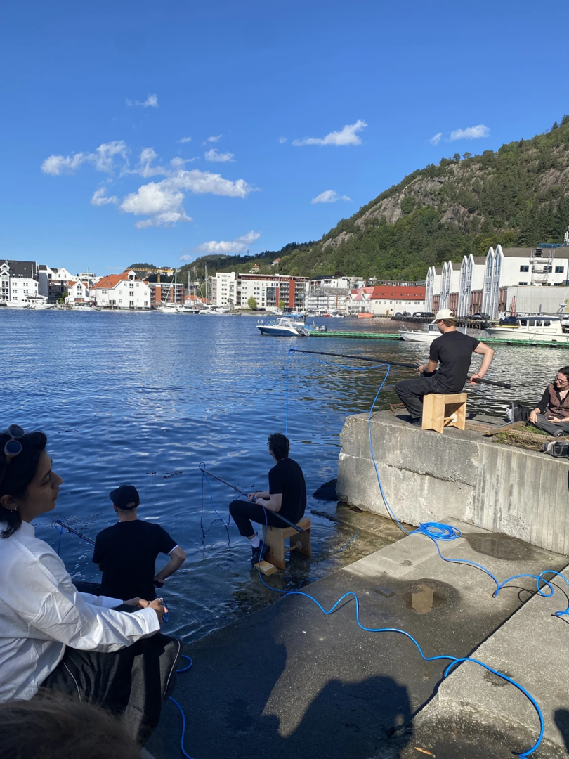 Three hydrophones being dropped int the dock at BAS for Meet the Locals Underwater while artist Jana Winderen mixes from the back of the van. Photos by Annalise June Kamegawa