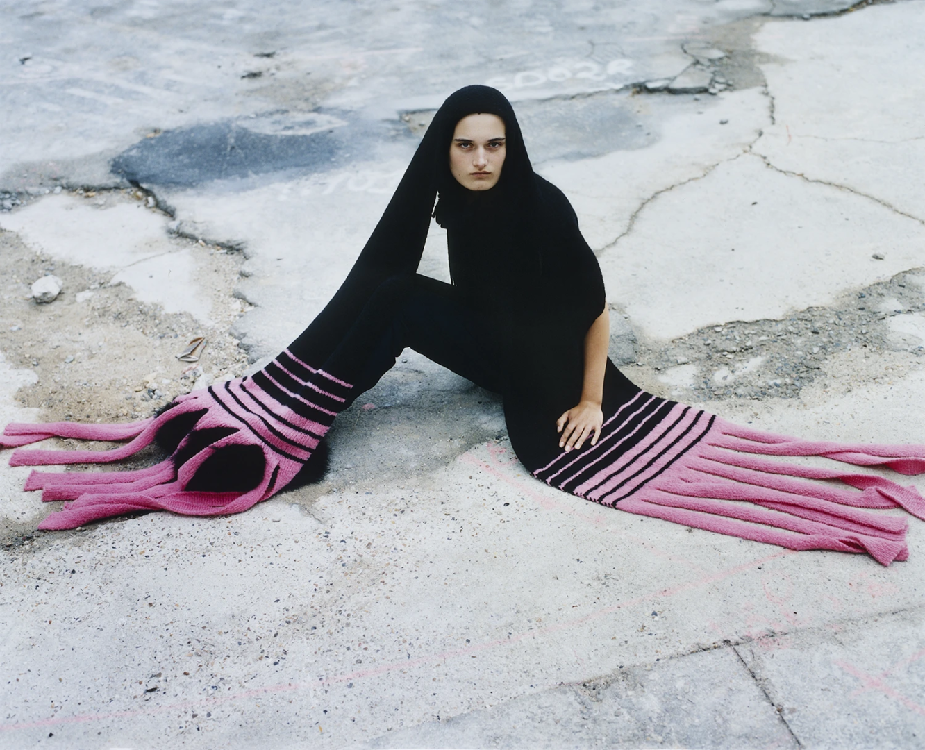 photography Naguel Rivero. scarf and top Transe Paris, slippers Lisa Preissle, pants stylist's own