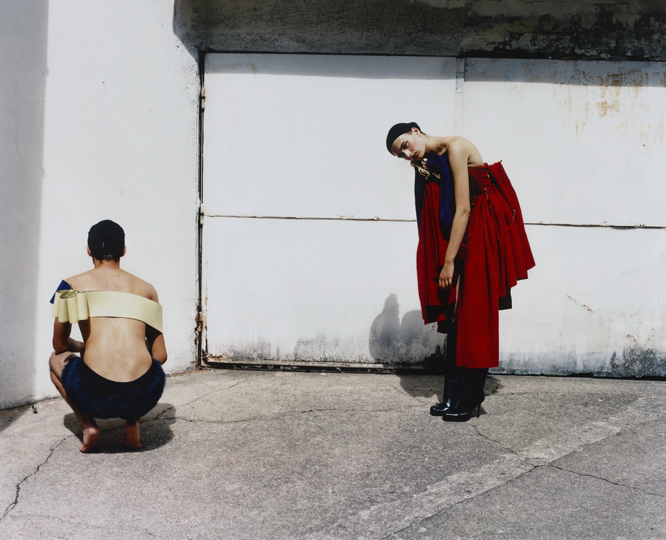 photography Naguel Rivero. Left, belt worn as top Axel Sandager, shorts Romain Kremer; dress Lyrone Journo, shoes Christian Louboutin