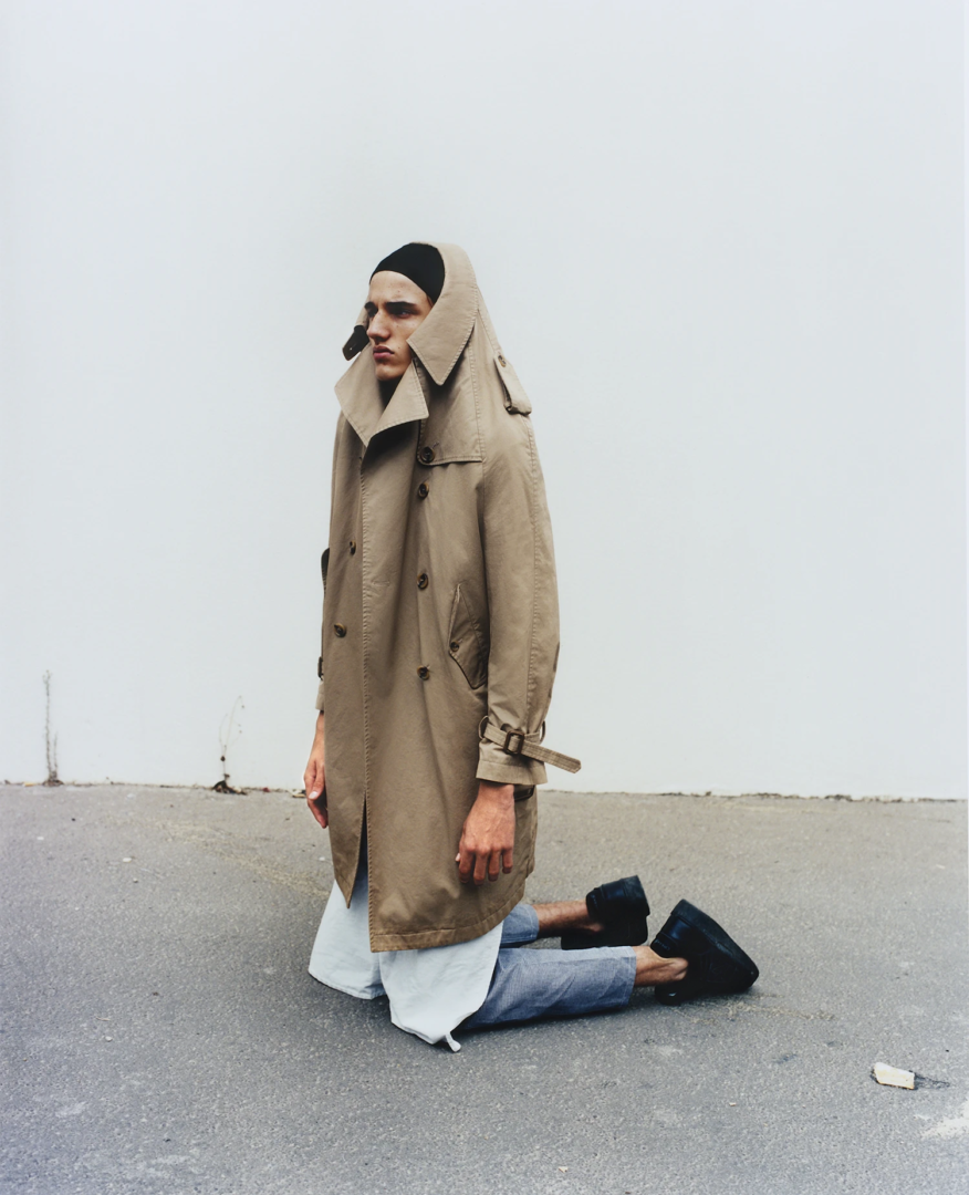 trench coat Maison Martin Margiela AW2005 from 20Age Archive, tshirt, pants, apron and sneakers stylist's own