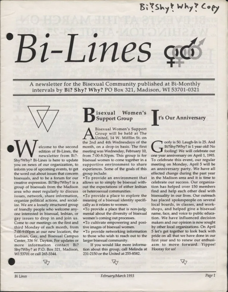 The front page of a Feb_March 1993 issue of Bi-Lines, a newsletter of the Madison bisexual support group Bi_ Shy_ Why_ active in the 1990s