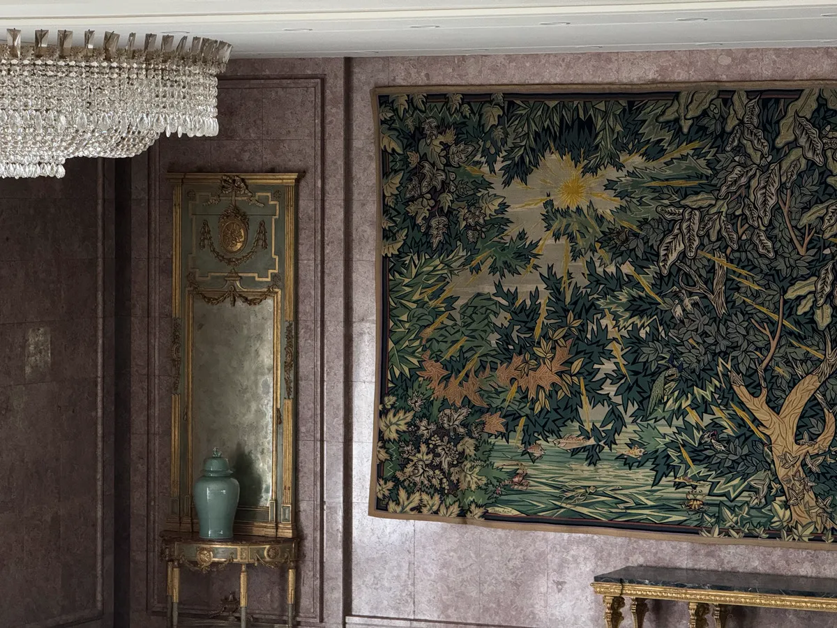 Pedro Leitão Ballroom at Four Seasons Ritz Lisbon: marble floors, crystal chandeliers and Portalegre tapestries framed by pink Estremoz stone