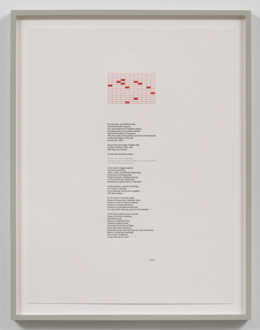 Mary Kelly, Unguided Tour c.2011, 2016 letter press print on blotting paper, framed