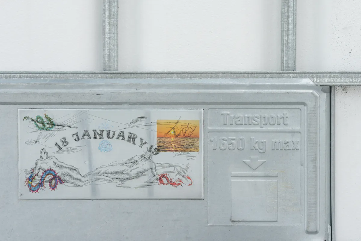 Anastasia Sosunova, Express Method (2022). Water to become holy on the night of the 19th of January, water tank, zinc, temporary tattoos, Sprite Bottles. Courtesy of the artist and eastcontemporary. Photo: Jonas Balsevičius