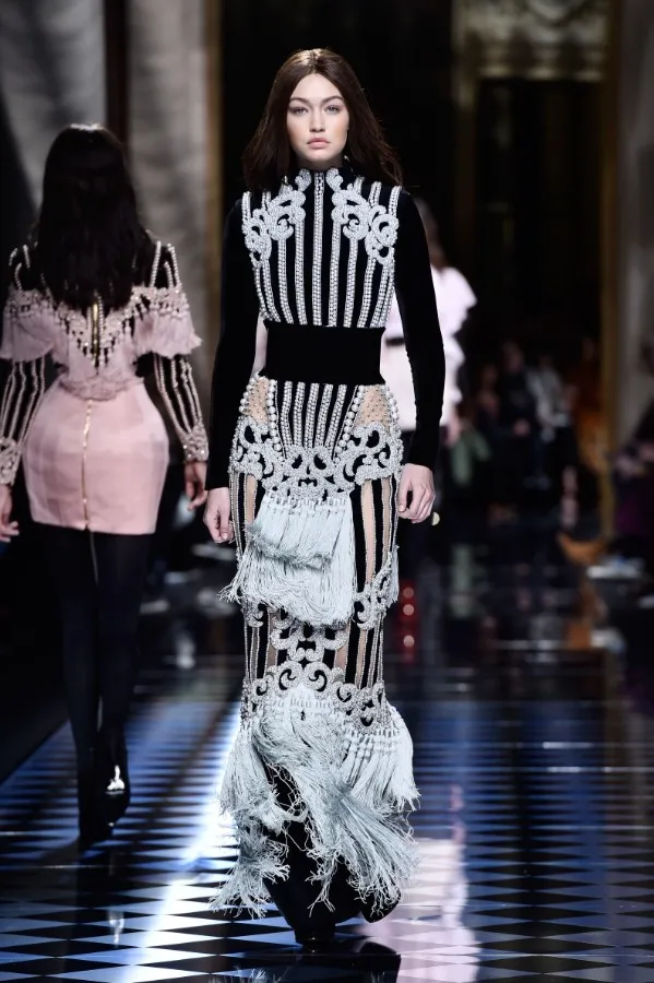 Balmain Fall 2016 runway, structured embellishment and high-impact silhouettes characteristic of the Rousteing era