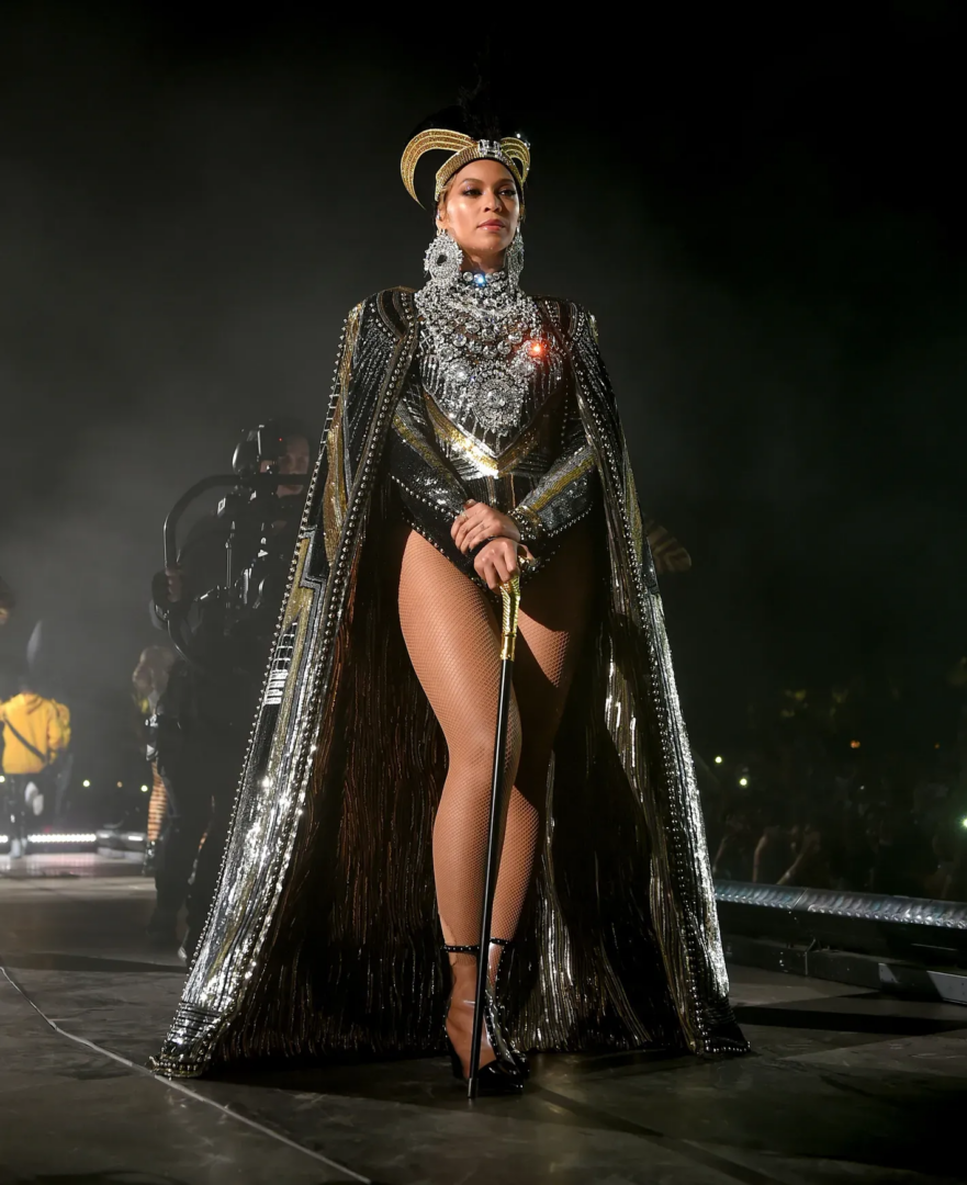 Beyoncé performing at Coachella in custom Balmain, a moment that reinforced the brand’s alignment with global pop spectacle