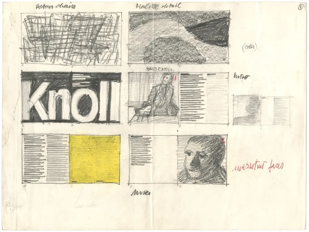 Vignelli, Knoll Au Louvre book layout, 1971. Pencil and crayon on paper with collage. Courtesy Vignelli Center for Design Studies