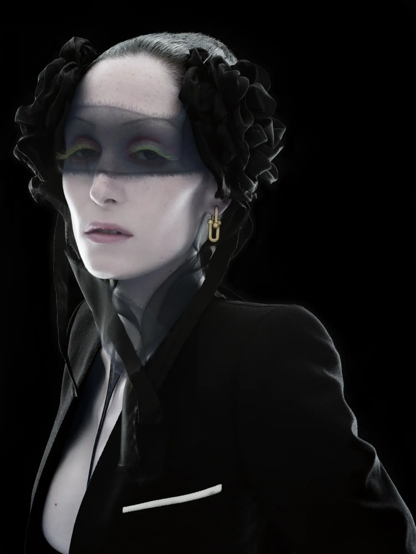 Hardwear large link earrings in yellow gold with diamonds Tiffany & Co., dress and blazer Tom Ford, headpiece Between Beauty, photography Nick Knight