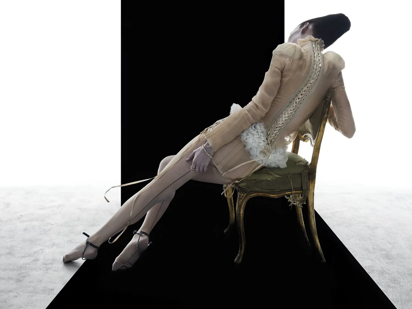 Sixteen stone bracelet and rings in platinum and yellow gold with diamonds Tiffany & Co. jacket and skirt Dilara Findikoglu, bustle Vivienne Westwood @Mr Steven Philip Studio, archive cuffs Maison Martin Margiela, photography Nick Knight