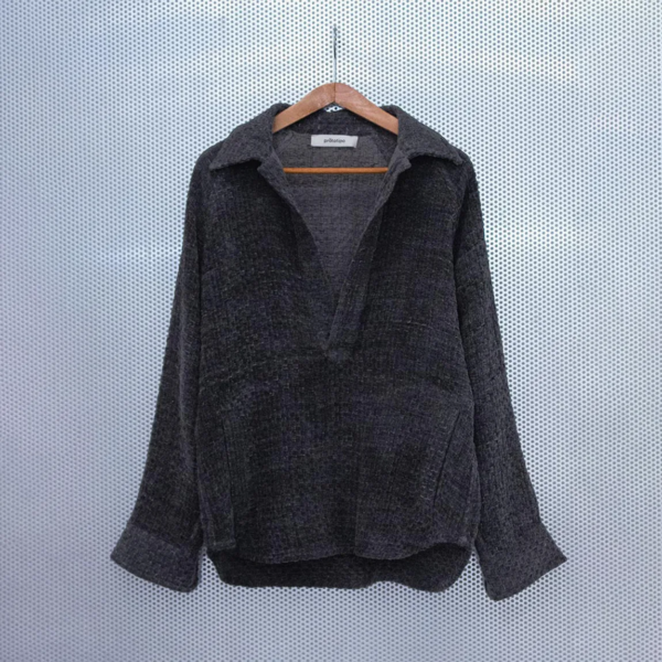 Hemp and Cotton Jacquard Polo Shirt / Check Pattern / charcoal black