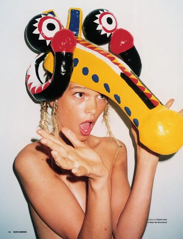 Walter Van Beirendonck, SS 2008. Anna Brewster wearing a papier-mâché headpiece by Stephen Jones. Photograph by Matt Irwin for Dazed & Confused, 2007