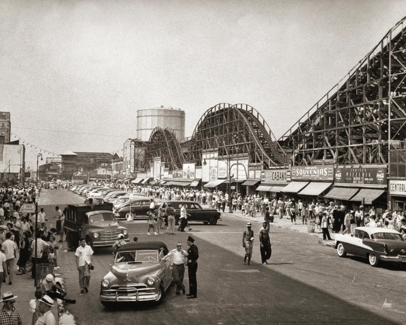 1950s roller coaster crowded streets parked cars Coney Island Brooklyn New York USA Photograph by Panoramic Images