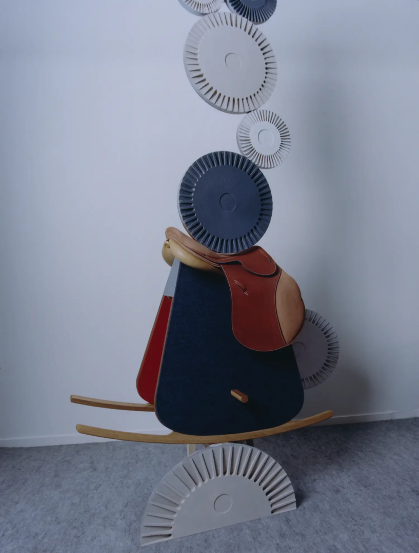 Hermès rocking saddle stool, Petit h, oak, calfskin, cashmere