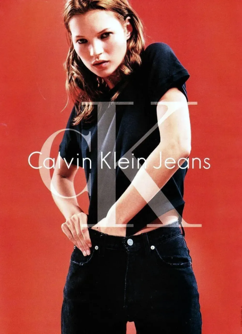 Kate Moss in Calvin Klein Jeans, c. 1997. Photographed by Mario Sorrenti
