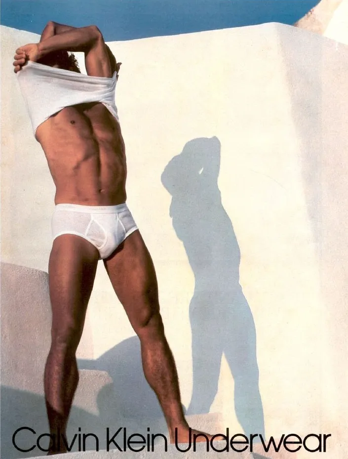 Tom Hintnaus in Calvin Klein Underwear, Santorini, Greece, 1982. Photographed by Bruce Weber.