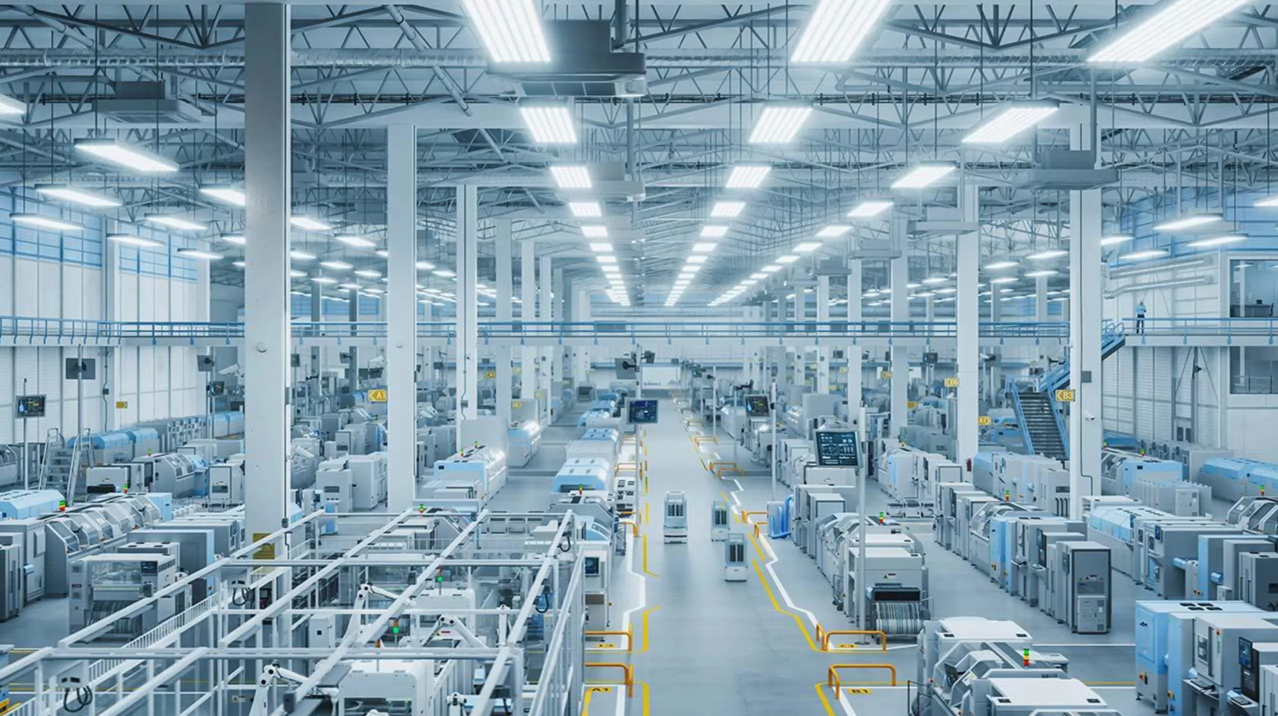 Rendering 3D di una moderna struttura di produzione industriale.