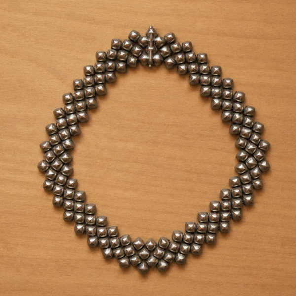 Handcrafted titanium necklace by Lampoon, composed of 164 shield-shaped elements and presented in a custom-designed wooden collector's box with hemp lining