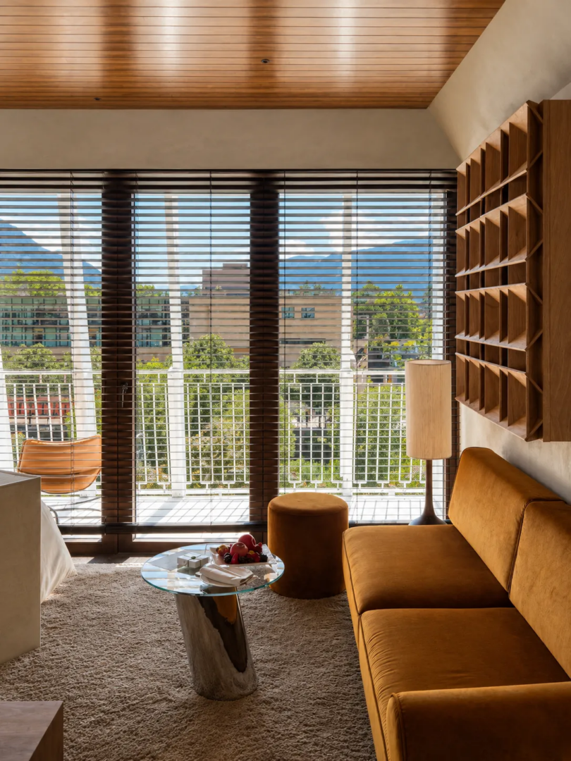 One of the new Iconic Rooms designed by Hannes Peer, overlooking Merano and the surrounding mountains