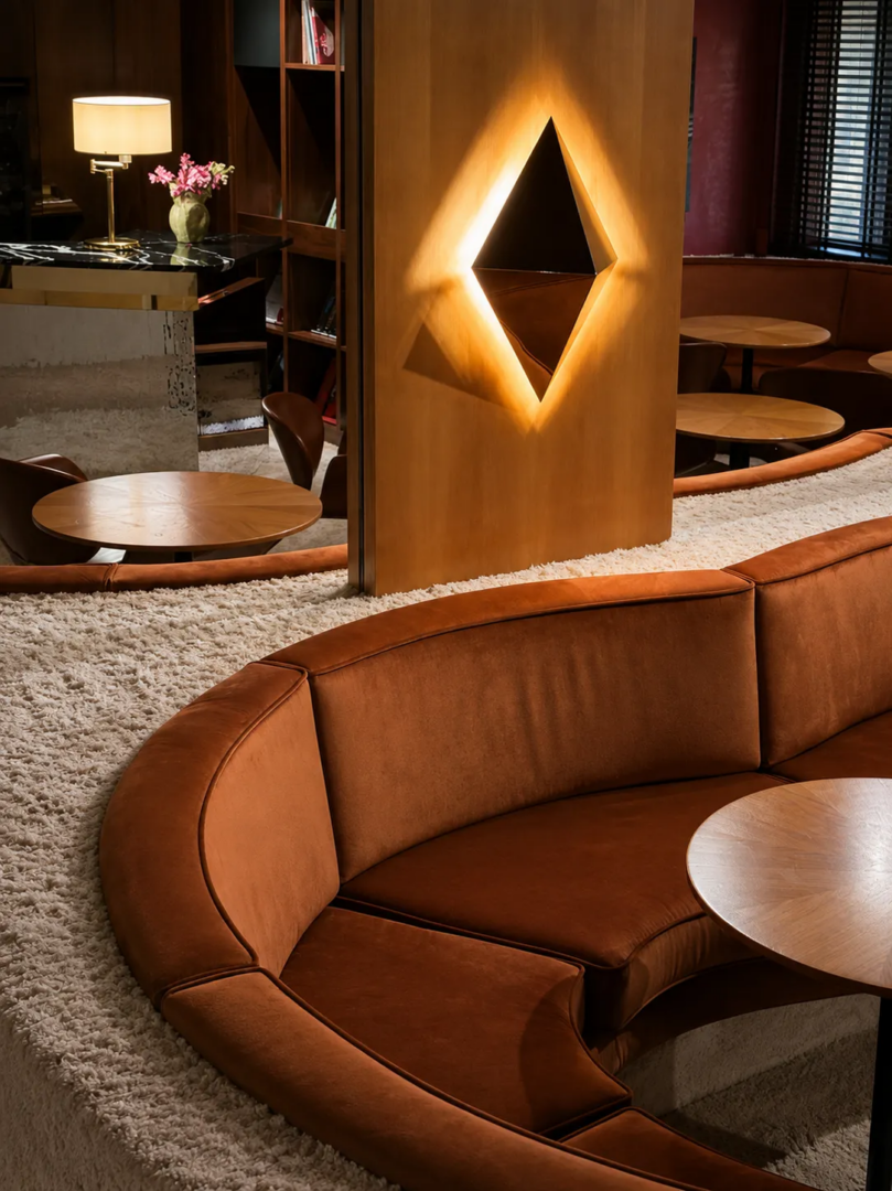 The lounge adjoining the Listening Bar, shaped by dark walnut, leather, mirrored surfaces and low lighting