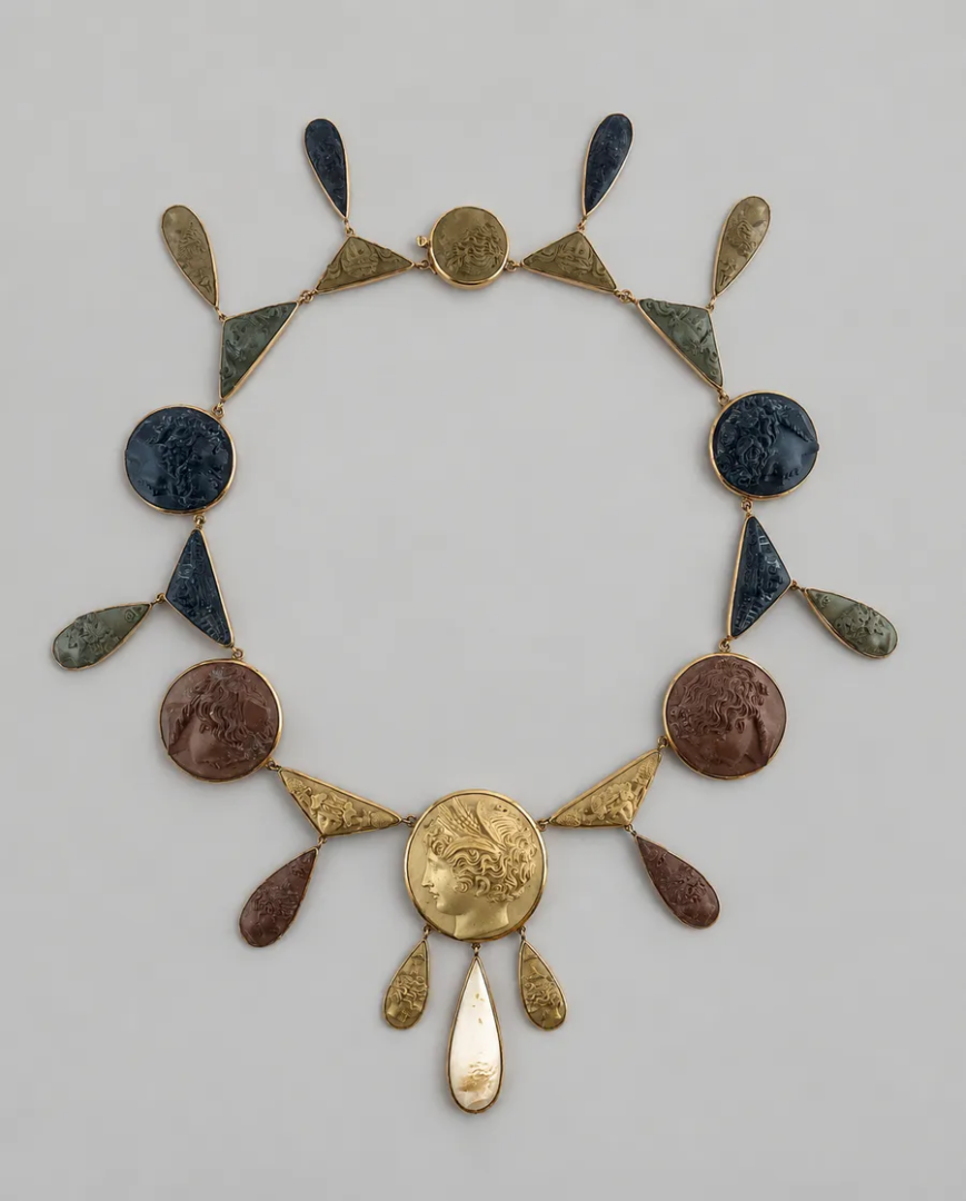 Antique gold necklace composed of carved cameo medallions, triangular links and teardrop pendants in black, green, brown and ivory tones, arranged against a grey background.