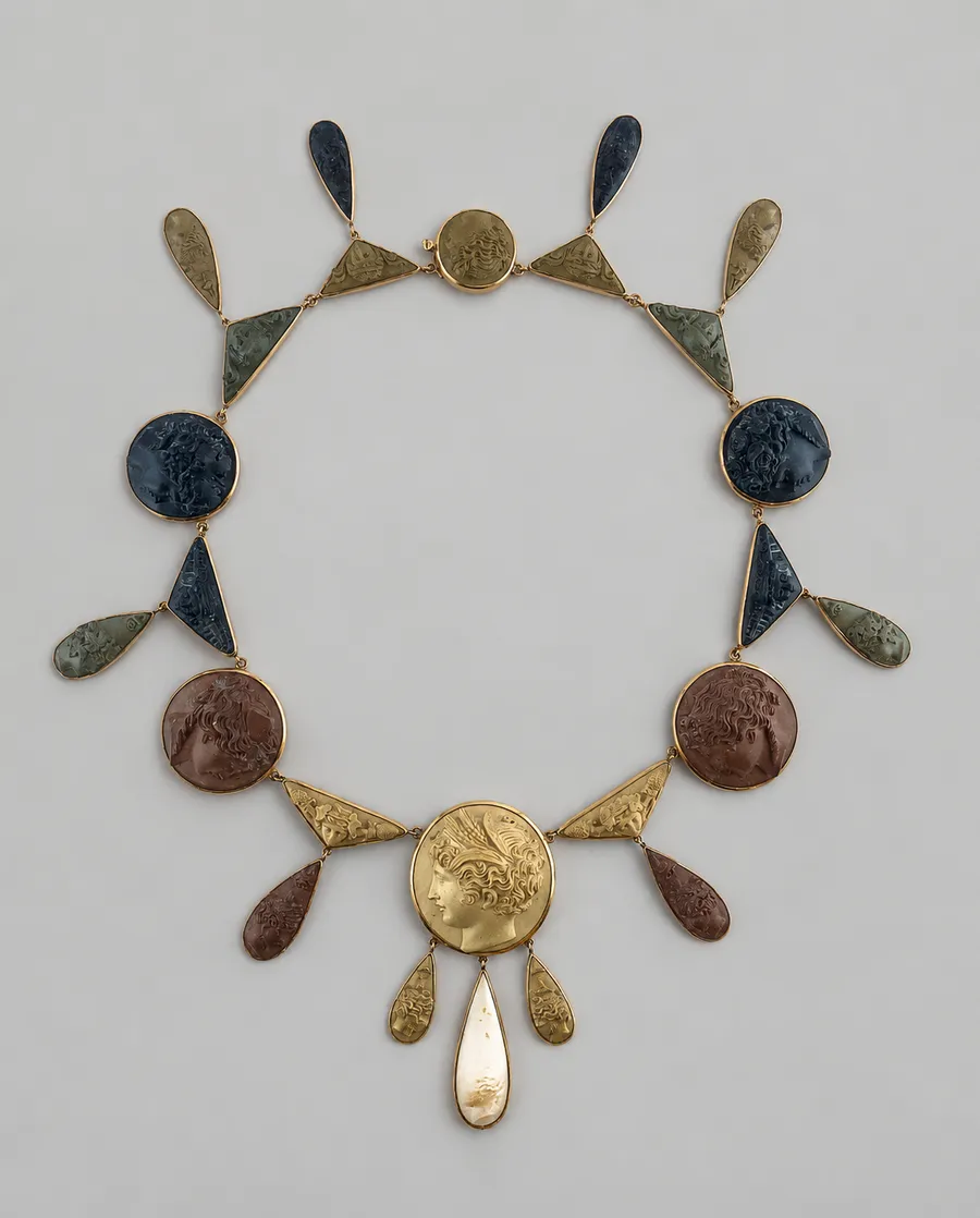 Antique gold necklace composed of carved cameo medallions, triangular links and teardrop pendants in black, green, brown and ivory tones, arranged against a grey background.